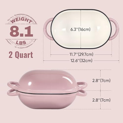 2 QT Oval Dutch Oven for Bread Baking, Enamelled Cast Iron Bread Oven for Sourdough, Sourdough Loaf Pan with Lid, Heavy-Duty Non Stick Bread Pan for Homemade Bread Baking, Pink