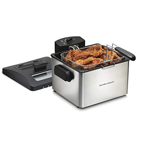 Hamilton Beach 35042 Professional Style Electric Deep Fryer, Frying Basket with Hooks, 1800 Watts, 5 Liter, Stainless Steel