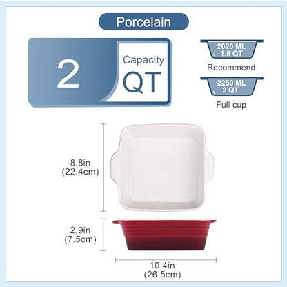 LOVECASA 8x8 inch Baking Pan, 2 Quart Square Cake Pan Baking Dish for Oven, Stoneware Brownie Pan Non-Stick, Casserole Baking Pan with Handle,Ceramic Bread Pans for Baking, Red