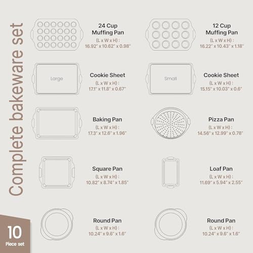 BAKKEN Kitchen Baking Pan Set - Nonstick Coating, Carbon Steel Bakeware Sets with Gray Silicone Handles, Baking Kitchen Essentials, PFOA, PFOS, PTFE Free, Oven Safe Tray (Up To 450° F), Set of 10