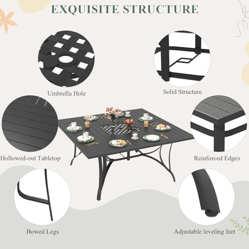 DSNAPE 9 Pieces Patio Table and Chairs Set, 59.6" Square Dining Table with Umbrella Hole & 8 Textilene Fixed Chairs, Dining Table Set for 8, Outdoor Furniture for Porch Deck Yard Balcony Lawn, Brown