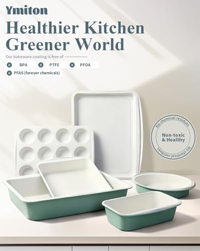 Ymiton Ceramic Nonstick Baking Pans Set, Non Toxic 30 PCS Stackable Bakeware Sets, 550°F Oven Safe Baking Sheet & Pans, Warp-Free, Dishwasher Safe, PTFE/PFOA/PFOS-Free (Green)