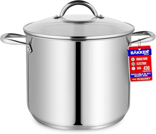 Stainless Steel Stockpot with Tempered Glass Lid 19 Quart, Durable 18/0 Stainless Steel, Impact-Bonded Base for Even Heating, Riveted Handles, Oven & All Stove Compatible, Safe Up To 500°F (260°C)