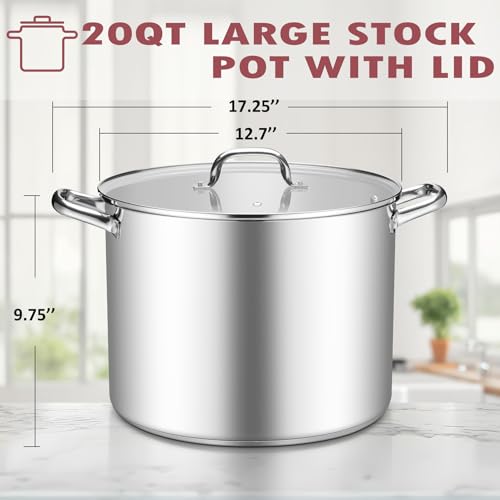 TeamFar 20QT Stock Pot, Stainless Steel Stockpot Large Induction Cooking Pot with Lid & Tri-ply Bottom, for Soup Seafood Cooking, Sauce Canning, Non Toxic & Heavy Duty, Various Stovetops Suitable