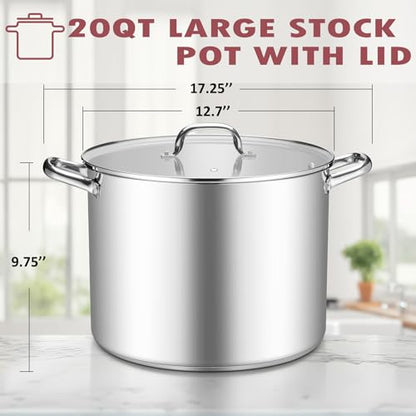 TeamFar 20QT Stock Pot, Stainless Steel Stockpot Large Induction Cooking Pot with Lid & Tri-ply Bottom, for Soup Seafood Cooking, Sauce Canning, Non Toxic & Heavy Duty, Various Stovetops Suitable