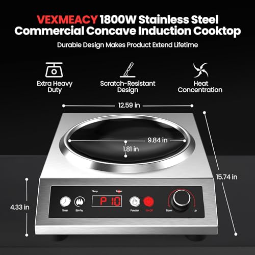 VEXMAECY 1800W Electric Wok Used For Home And Commercial,Induction Wok With Concave Surface Stainless Steel Strong Power Dual Control Mode 10 Power And Temp 24H Timer Induction Cooktop For Cooking