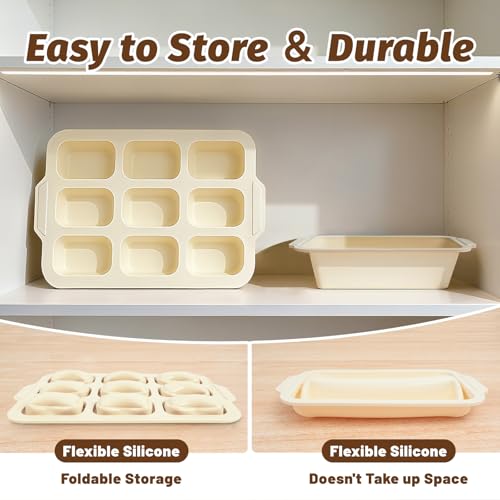 Silicone Bread Loaf Pan Set: 9.5 x 5 Inch Loaf Mold with Metal Frame and Nonstick Mini Bread Pan for Homemade - for Baking Banana Rye Cornbread Meatloaf Oven - Brownie Tray for Home Baker (Beige)