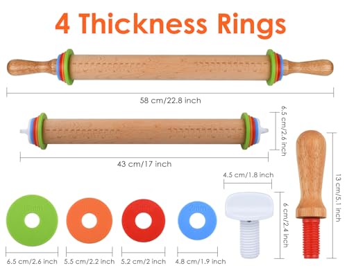 Victhur Rolling Pin with 4 Adjustable Thickness Rings and Long Handle 13.6 Inch Wooden Dough Roller for Baking, Dough, Cookie, Cake, Fondant, Pizza and Pie Crust