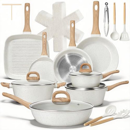 EWFEN 25 Pcs Pots and Pans Set, Nonstick Ceramic Cookware Sets, Healthy Non-Toxic, Large Capacity, Induction Compatible, Cooking Set with Frying Pans & Saucepans, PFAS/PTFE/PFOA Free, Cream White