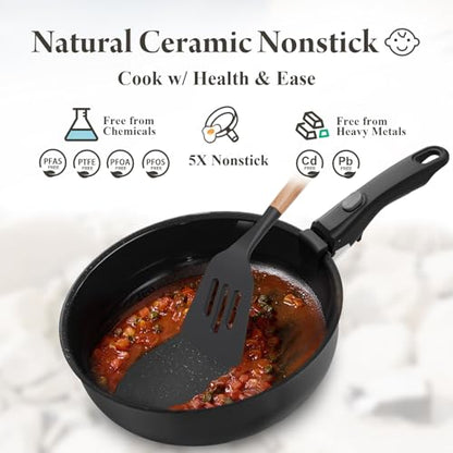 Bazova Ceramic Nonstick Cookware Set, Healthy,Non Toxic,17-Pieces Pots and Pans Set Removable Handles,Induction RV Kitchen Set,Stain & Scratch-resistant,Dishwasher/Oven Safe,PFAS/PFOA Free,Black