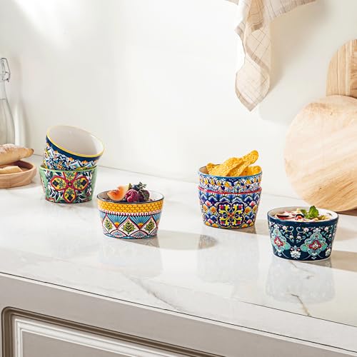 8 oz Ramekins Oven-Safe – Baking Cups for Creme Brulee, Puddings, Souffles, Custards, Ice Cream & Dips – Ceramic Single-Serve Bowls Set of 6, Bohemian Style
