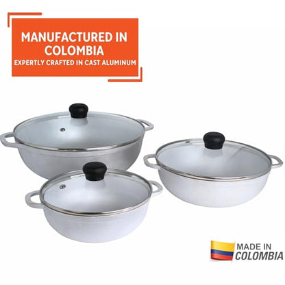 IMUSA Caldero Stock Pot with Glass Lid 3pc Set, 1.5/2.5/5.2qt, Cast Aluminum, Perfect for Serving Medium & Small Groups, Riveted Handles, Made in Colombia, Silver.