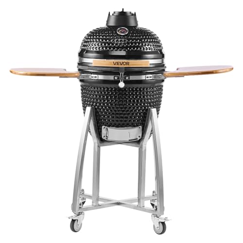 VEVOR Charcoal Smoker and Grill, 18" Kamado Charcoal BBQ Smoker, Movable Ceramic Barbecue Grill with 4 Wheels (2 Lockable), Built-in Thermometer, Air Vents & Side Shelf for Outdoor Patio Yard Cooking