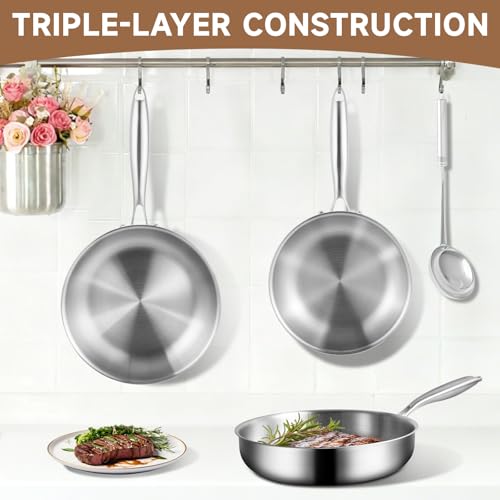 GOLDEN KEY 10 inch Tri-Ply 304 Stainless Steel Pan with Lid, Even Heating Non-toxic Skillet, Oven & Dishwasher Safe, Induction Ready, Ideal for Searing Meat & Fish, Sauteing, Frying (500°F)
