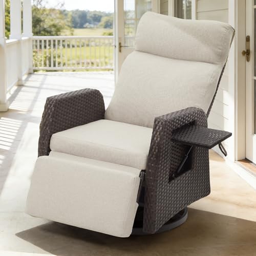 Mvpipi Adjustable Outdoor Recliner Chair with Independent Backrest & Footrest, Patio Swivel Recliner Chair, Wicker Reclining Patio Chair w/Flip-Up Table, Air Pump 155° Lay Flat Chaise Lounge, Beige