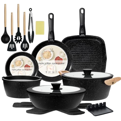 BECIGAR 23pcs Ceramic Pots and Pans Set, Nonstick Detachable Handle Cookware, Induction Kitchen Cooking Set with Removable Handle,include Frying Pans & Saucepans Oven Safe (Black)