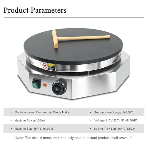 3000W Commercial Crepe Maker, 16" Non-Stick Electric Griddle with 0-300℃ Adjustable Temperature, Stainless Steel Pancake & Jianbing Machine with Wooden Spreader for Home, Snack Bar & Food Stall