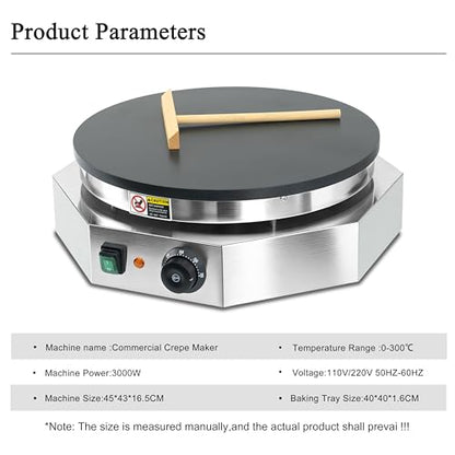 3000W Commercial Crepe Maker, 16" Non-Stick Electric Griddle with 0-300℃ Adjustable Temperature, Stainless Steel Pancake & Jianbing Machine with Wooden Spreader for Home, Snack Bar & Food Stall