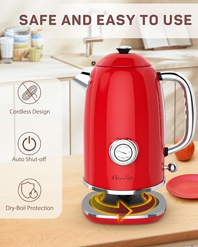 Harriet Electric Kettle, 1.8L Retro Electric Tea Kettle with Thermometer, 1500W Stainless Steel Hot Water Kettle Electric with LED Indicator, Fast Boiling, Cordless, Auto Shut-Off, Red