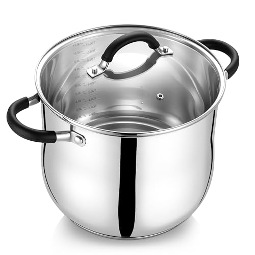 E-far 12 Quart Stock Pot, Stainless Steel Pot with Lid for Cooking Soup Simmering Stew, Tall Induction Pot w/Tri-Ply Thick Base, Large Cooking Pot w/Dual Heat Proof Handles, No-Toxic & Dishwasher Safe