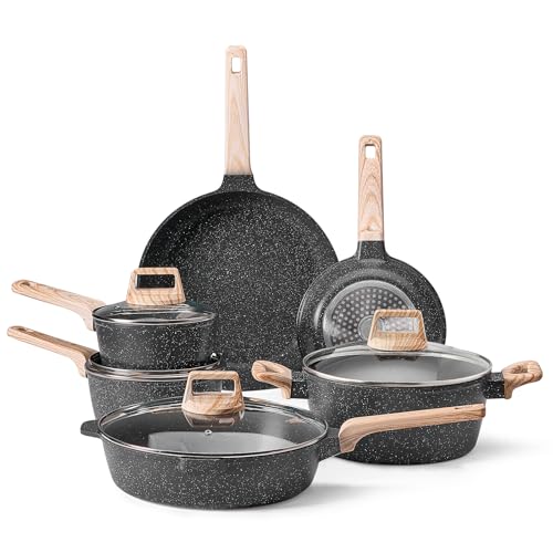VEVOR 17 Piece Pots and Pans Set Nonstick, Granite Cookware Set, Induction Cookwares, Kitchen RV Cooking Sets with Frying, Sauce, Saute, Tempered Glass Lids, and Pan Protectors, Black