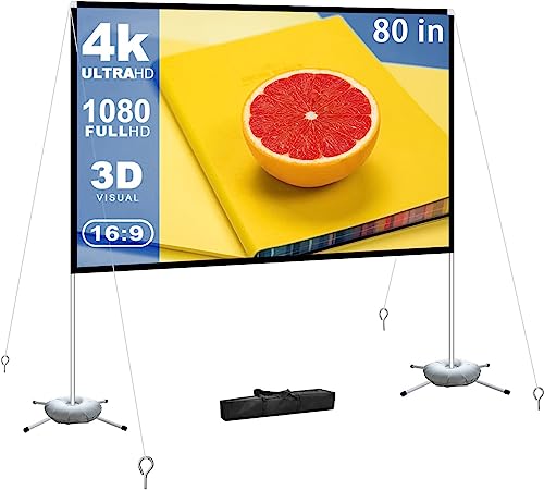 Projector Screen Portable Outdoor Movie: Projection Screens Stand 4K Cinema 80 inch for Camping White
