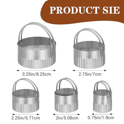 3PCS Aluminum Alloy Cookie Press Embossing Stamps with 5-Piece Round Stainless Steel Fluted Mousse Rings Set, Wood Handle Metal Mold Cutter Tools for DIY Baking Cookies Cakes Pastries Decorating
