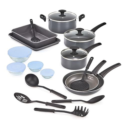 bella Cookware Set with Glass Lids with Nonstick, PFOA Free and Scratch Resistant Surface, Aluminum Bakeware, Pots and Pans, Storage Bowls & Utensils, Compatible with All Stovetops, 21 Piece, Gray