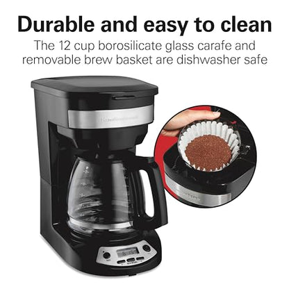 Hamilton Beach 12 Cup Programmable Drip Coffee Maker Machine, Regular & Bold Brew Options, Auto Pause and Pour, Glass Carafe, Black with Stainless Accents (46299J)