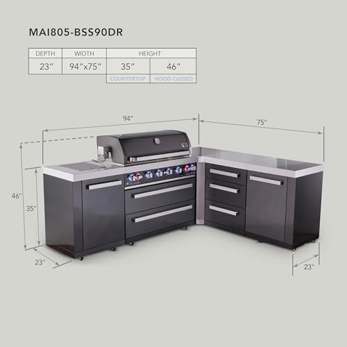 Mont Alpi 94"W x 75"D L-shaped Black Stainless Steel Modular Outdoor Kitchen Island with Infrared Side & Rear Burners + 44"W 6-Burner BBQ Gas Grill + Granite Countertops + Storage Cabinets & Drawers