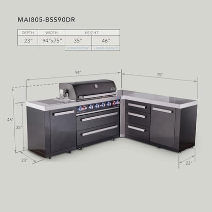Mont Alpi 94"W x 75"D L-shaped Black Stainless Steel Modular Outdoor Kitchen Island with Infrared Side & Rear Burners + 44"W 6-Burner BBQ Gas Grill + Granite Countertops + Storage Cabinets & Drawers