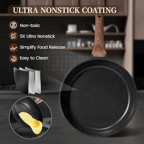 Kikcoin 16Pcs Ceramic Pots and Pans Set Non Stick, Includes a 9.5" Grill Pan, Induction Kitchen Cookware Sets, Black Nonstick RV Kitchen Camping Cooking Sets Stackable (PTFE, PFOS, PFOA Free)