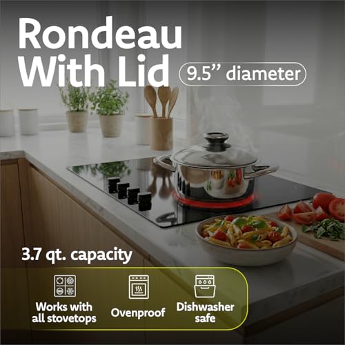 A by AMC - Rondeau Pot with Lid - 3.7 Qt 9.5" Stainless Steel Braiser - Even Heat Akkutherm Base - Induction Compatible - Oven & Dishwasher Safe