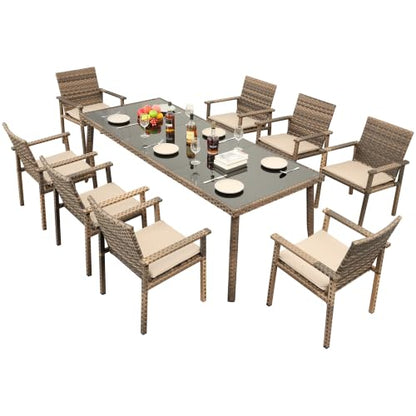 Rattaner Brown Wicker Patio Dining Set for 6 Outdoor Dining Glass Table and Chairs 7 Pieces with Waterproof Cover and Cushions, Khaki