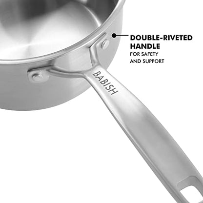 Babish Stainless Steel Saucepan 3.5 Quart Triply Professional Grade Cookware Durable Even Heat Distribution Sauce Pan with Handle for Cooking Boiling Sauces Soups and Everyday Kitchen Use
