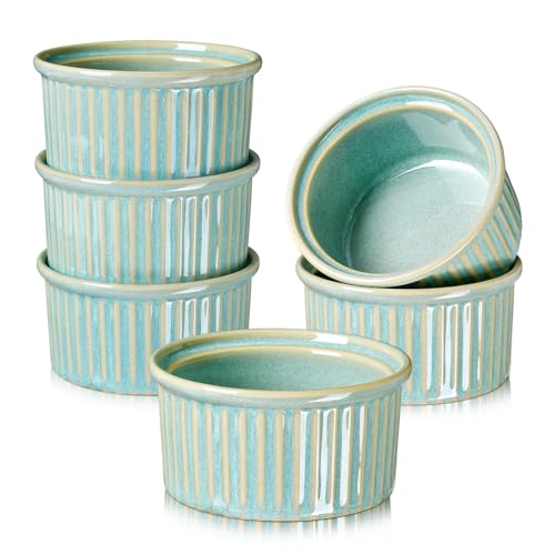 NUTRIUPS 6oz Ceramic Ramekins Set of 6, Vintage Souffle Dishes - Oven Safe Small Baking Bowls for Pudding, Creme Brulee & Custard (Vintage Green, 6 OZ)