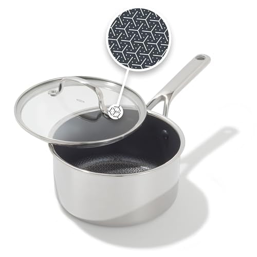 OXO Hybrid 2.5QT Nonstick Saucepan with Glass Lid, PFAS-Free Ceramic Chef Pot, Oven Safe to 850F, Induction & All Cooktop Compatible, Dishwasher Safe, Mirror Polished Tri-Ply