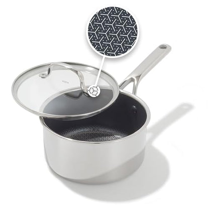 OXO Hybrid 2.5QT Nonstick Saucepan with Glass Lid, PFAS-Free Ceramic Chef Pot, Oven Safe to 850F, Induction & All Cooktop Compatible, Dishwasher Safe, Mirror Polished Tri-Ply