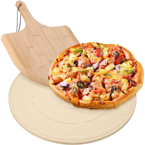 Teenyyou 2 PCS Round Pizza Stone with Wooden Peel, 16" Large Pizza Stone for Oven and Grill Round Baking Cordierite Cooking Pan for Bread, BBQ