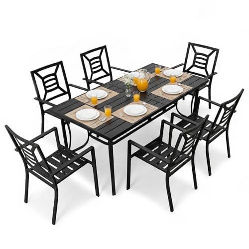 SAILARY 7 Pieces Patio Dining Set for 6, Large 77" Outdoor Metal Table with Universa Umbrella Hole & Stackable Iron Chairs, Patio Furniture Set for Deck, Backyard, Yard, Porch