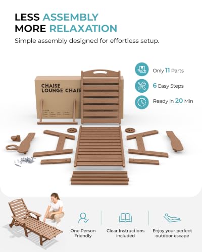 Ciokea Outdoor Chaise Lounge Chair Set of 2, Patio Lounge Chairs for Outside, HDPE Lounge Chair with Wheels & Cup Holder, Poly Chair with 5 Position for Poolside, Deck, Brown