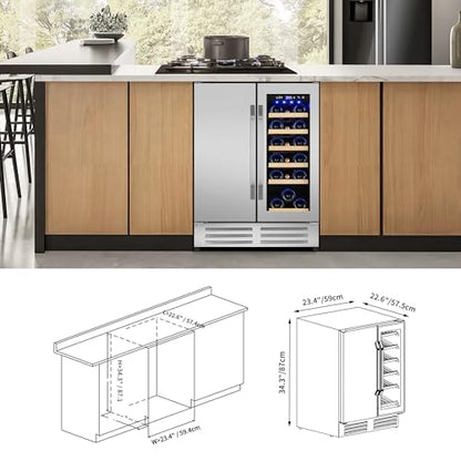 Velieta Wine and Beverage Refrigerator,24 Inch Dual Zone Wine Beverage Cooler, Built-in/Freestanding Beer and Wine Fridge with a Powerful Compressor, 20 Bottles and 88 Cans Capacity