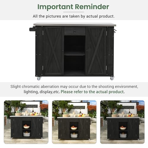 LUMISOL Outdoor Grill Cart with Stainless Steel Top, Farmhouse Kitchen Island with Storage, Fir Wood Rolling Bar Table with Spice & Towel Rack, and a Bottle Opener, Black