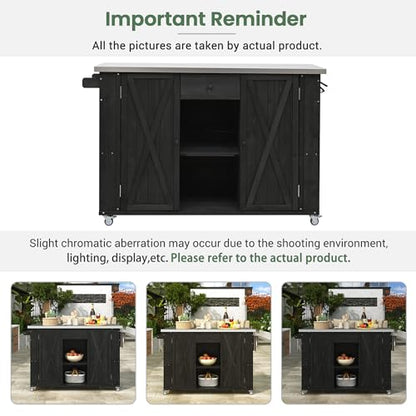 LUMISOL Outdoor Grill Cart with Stainless Steel Top, Farmhouse Kitchen Island with Storage, Fir Wood Rolling Bar Table with Spice & Towel Rack, and a Bottle Opener, Black