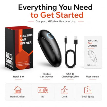 Rechargeable Electric Can Opener for Seniors & Arthritis, Automatic One-Touch Operation, Smooth Edge Cutting with Auto Stop & Magnetic Lid Lifter, Hands-Free, USB-C, Compact, Black