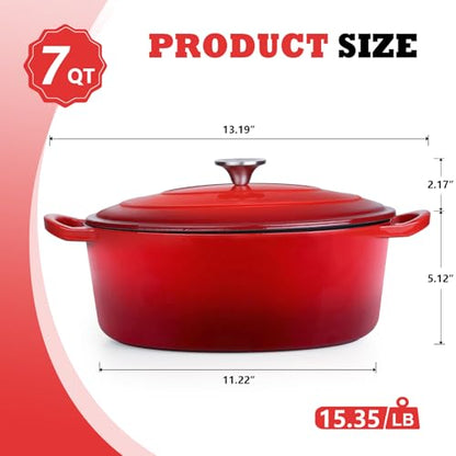 P&P CHEF Oval Dutch Oven with Lid, Enameled Cast Dutch Oven Pot for Bread Baking, Braising, Stewing, Roasting, Non-Stick & Oven Safe, Dual Handles & Easy Clean, 7QT & Red, Valentine's Day
