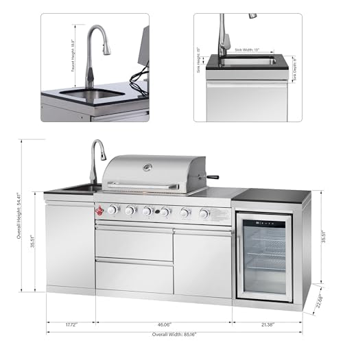 85 Inch Outdoor Kitchen Island with Bar Table, 4 Burner Propane Gas BBQ Grill 71500 BTU, 304 Stainless Steel, Single-Door Refrigerator, Stainless Steel Sink with Faucet, For Backyard BBQ, Sliver