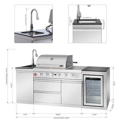 85 Inch Outdoor Kitchen Island with Bar Table, 4 Burner Propane Gas BBQ Grill 71500 BTU, 304 Stainless Steel, Single-Door Refrigerator, Stainless Steel Sink with Faucet, For Backyard BBQ, Sliver
