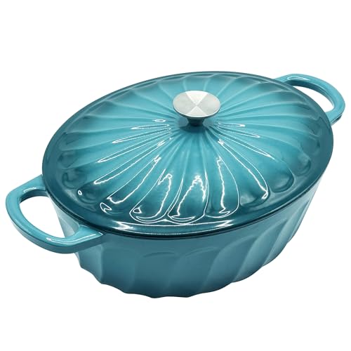 NSIRONS Enameled Dutch Oven Pot with Lid, 7 QT Cast Iron Dutch Oven with Dual Handles, Oval Dutch Oven for Cooking, Bread Baking, Frying, Non-stick Enamel Coated Oven (Blue-Green)