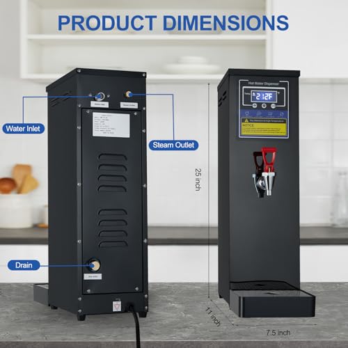 Hot Water Dispenser Commercial Water Boiler Countertop Hot Water Machine Stainless Steel Step-heating Temperature Control 86-212°F for Boba Tea Coffee Office Restaurant 1600W, 30L(8GAL)/Hour, Black